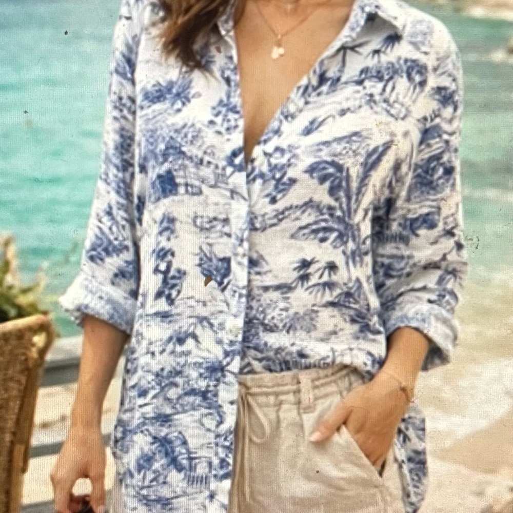 Joie Blue and White Printed Button-Up Blouse